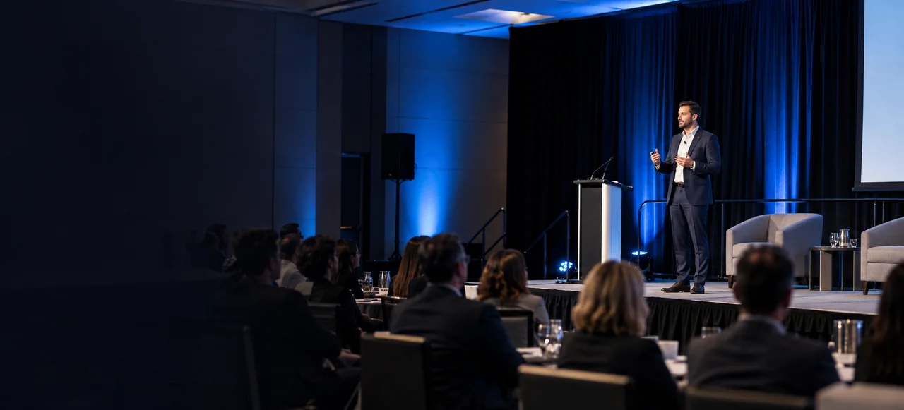 Corporate event speaker presenting on a compact stage with professional blue lighting
