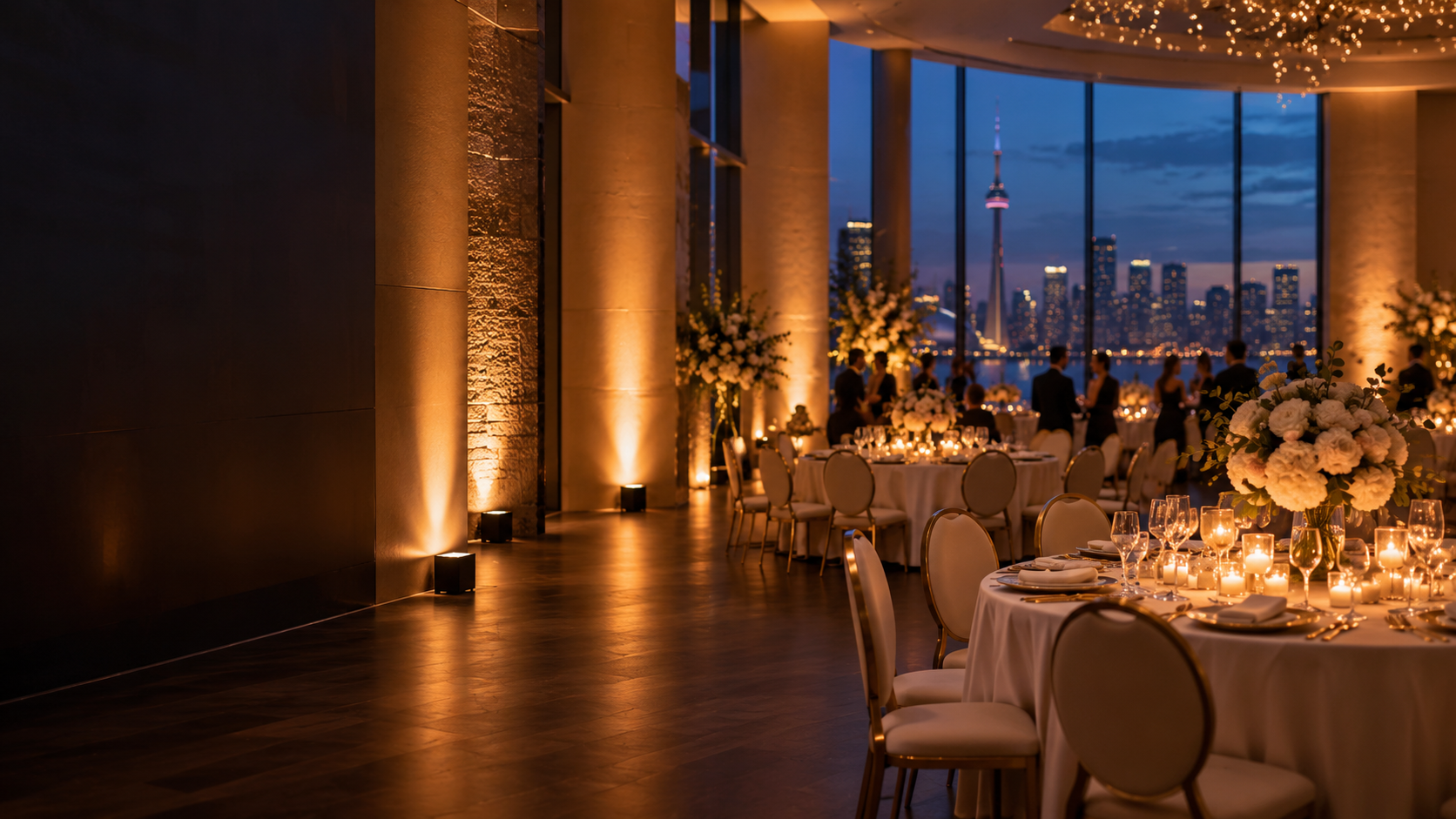 Wedding reception in Toronto illuminated by warm wireless uplights